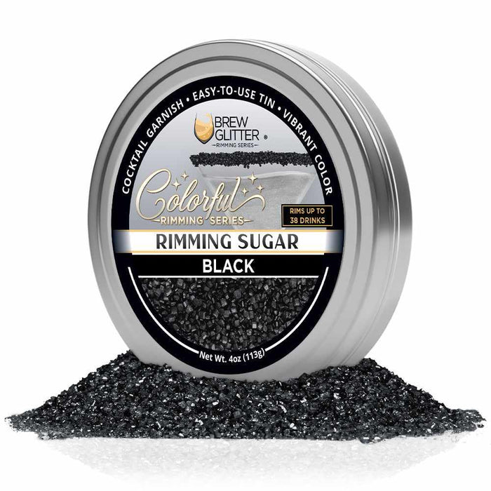 Black cocktail rimming sugar in a 4oz silver tin, featuring coarse black sugar crystals for drink garnishing.