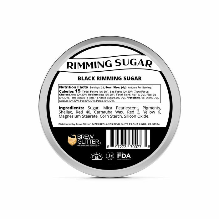 Black Rimming Sugar container with nutrition facts, ingredients, and kosher certification.