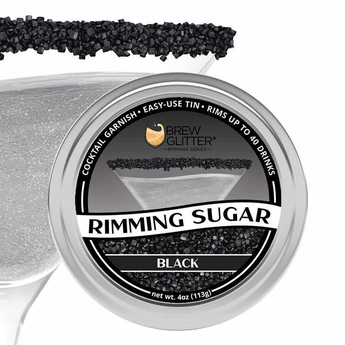 Brew Glitter black rimming sugar in a 4oz tin, shown with a cocktail glass rimmed with the sugar.