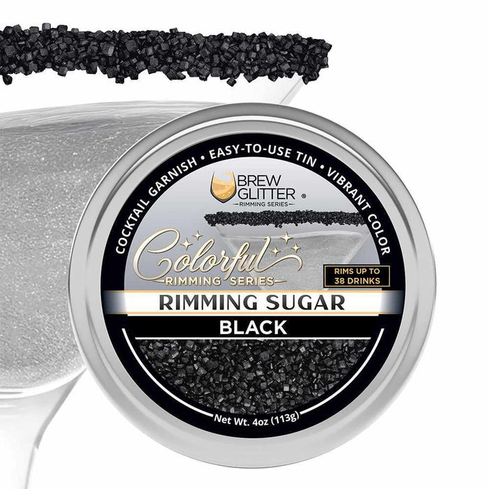 Black rimming sugar in a 4oz tin, featuring coarse black crystals for garnishing cocktail glass rims.