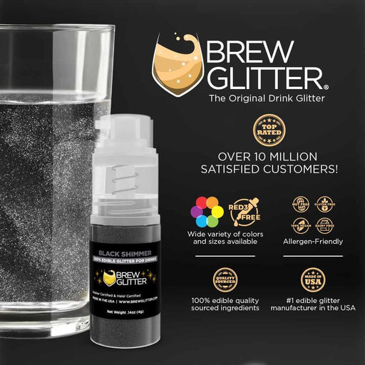 Black Shimmer edible beverage glitter in a mini spray pump next to a glass of water.