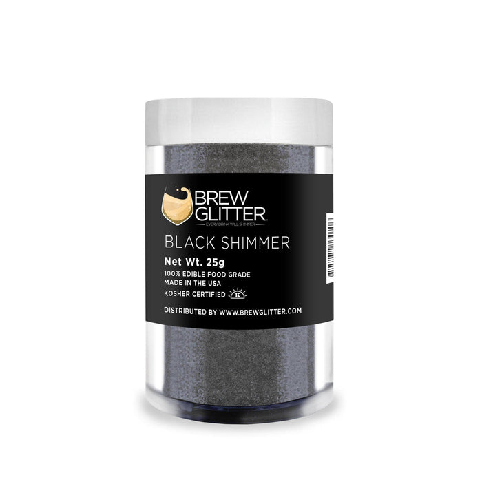 25g jar of black shimmer edible drink glitter by Brew Glitter with a black label on a clear container.