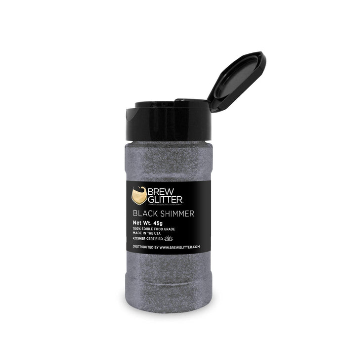 45g jar of black shimmer edible drink glitter with a black flip-top cap and Brew Glitter label.