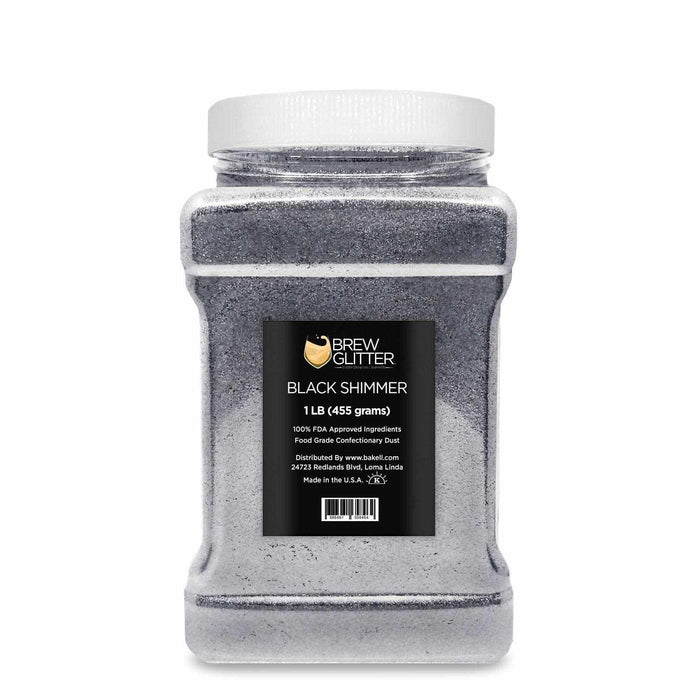 One-pound jar of black shimmer edible drink glitter with a white screw-top lid and Brew Glitter product label.
