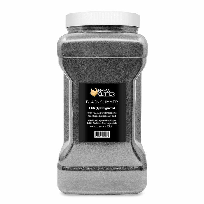 1kg jar of black shimmer edible drink glitter with a white screw-top lid and Brew Glitter product label.