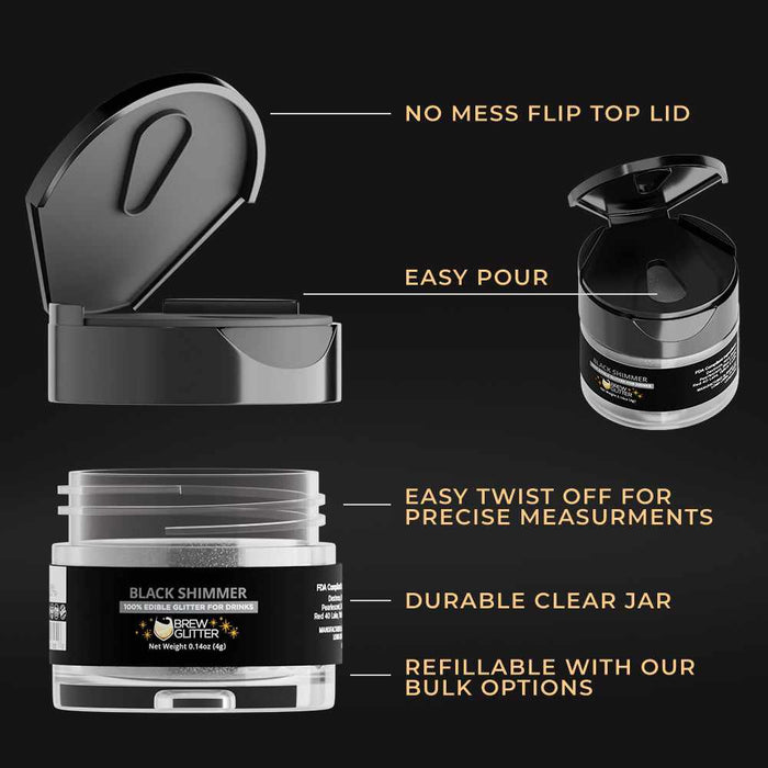 Black shimmer edible drink glitter in a 4g clear jar with a convenient no-mess flip-top lid for easy pouring.
