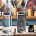 Hand stirring black shimmer edible glitter into a glass of water next to a 4g jar of Brew Glitter.