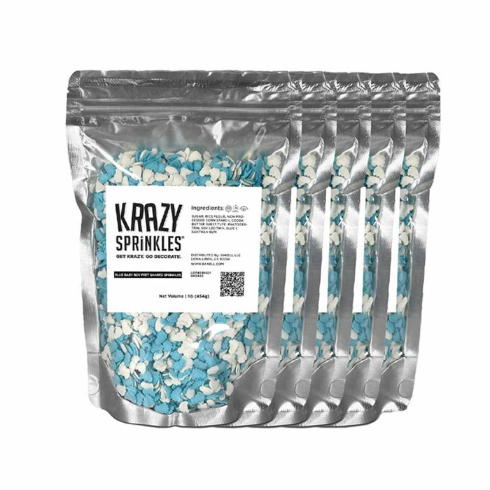 five bags of blue and white baby feet sprinkles