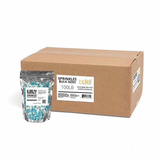 a pound bag of blue and white sprinkles in front of wholesale case