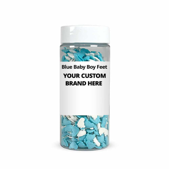 product shot of private label bottle filled with blue and white baby feet decorations