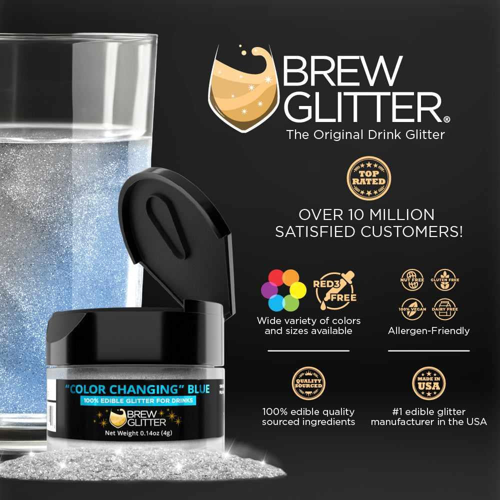 Blue Color Changing Brew Glitter jar with an open lid, next to a glass of water and loose glitter.