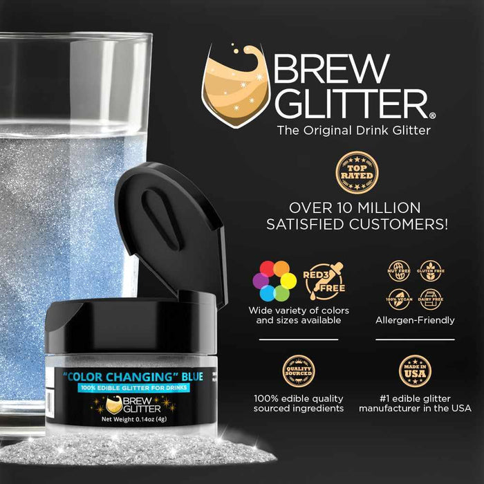 Blue Color Changing Brew Glitter jar with an open lid, next to a glass of water and loose glitter.