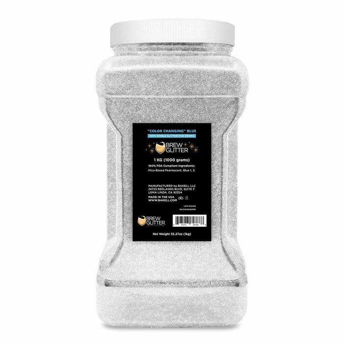 1kg bulk container of white-to-blue color changing Brew Glitter, food-grade for beverages.