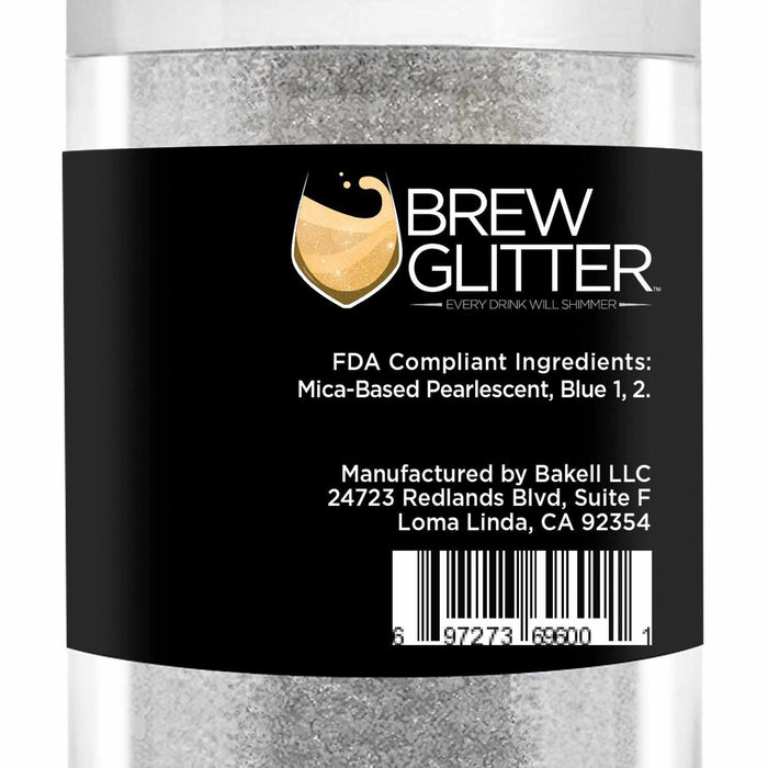 Clear jar of white Brew Glitter, a mica-based pearlescent powder for beverages.