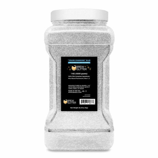 1kg bulk container of white-to-blue color changing Brew Glitter, food-grade for beverages.