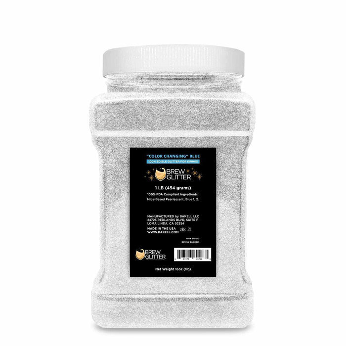 1 lb container of white color-changing Blue Brew Glitter for drinks.