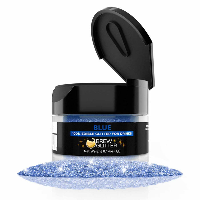 4g jar of blue edible drink glitter with a black flip-top lid and Brew Glitter branding on a white background.
