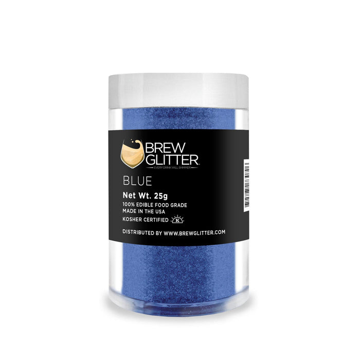 25g jar of blue edible drink glitter with a black Brew Glitter label.