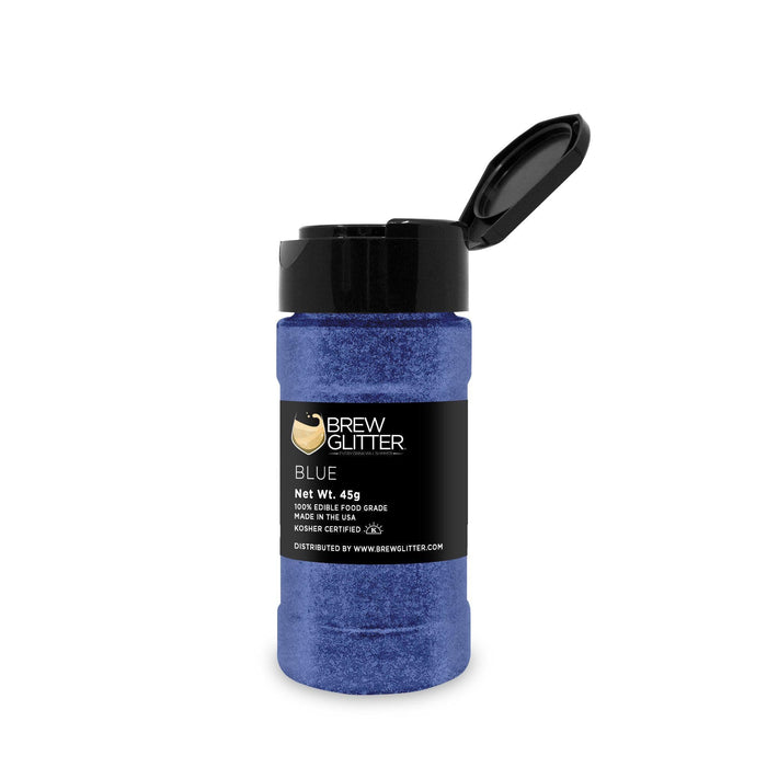 45g jar of blue edible drink glitter with a black flip-top cap and Brew Glitter product label.