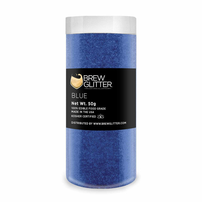 50g jar of blue edible drink glitter with a black Brew Glitter label and silver cap.