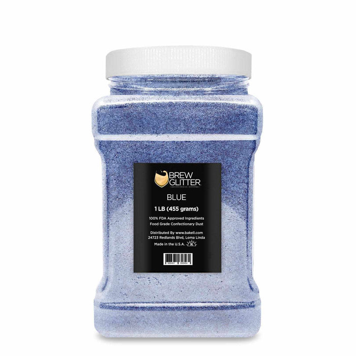 One-pound jar of blue edible drink glitter by Brew Glitter with a white screw-top lid and black product label.