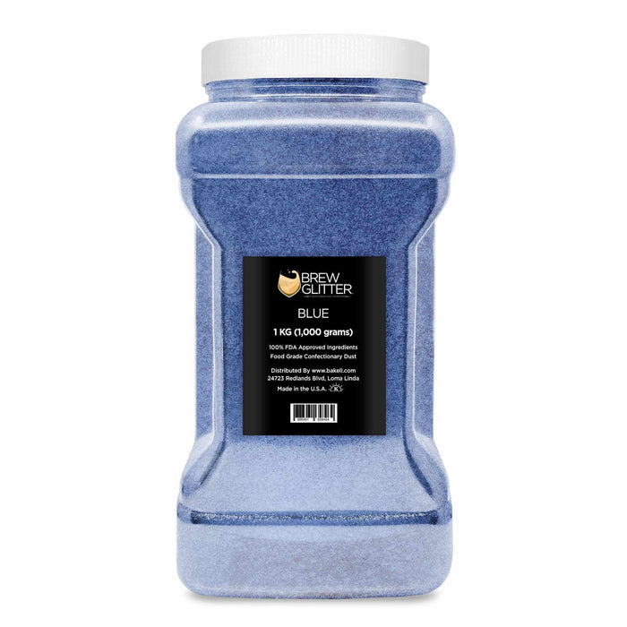1kg jar of blue edible drink glitter by Brew Glitter with a white cap and black product label.