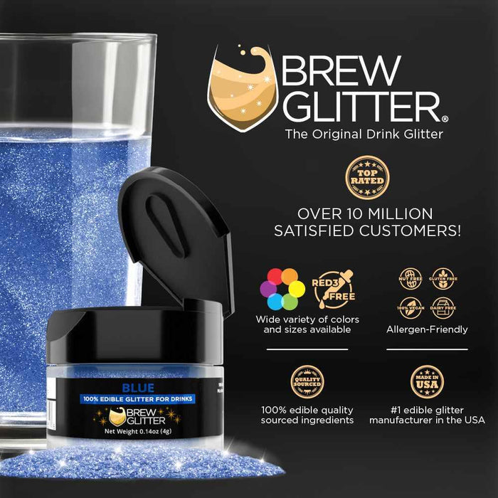 Blue Brew Glitter® 0.14oz (4g) jar next to a glass of blue sparkling drink, with product features.