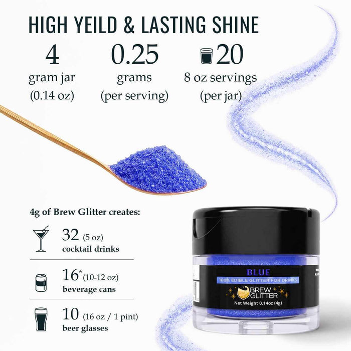 Blue Brew Glitter in a 4g jar with a spoon of sparkling blue edible powder and serving size infographic.