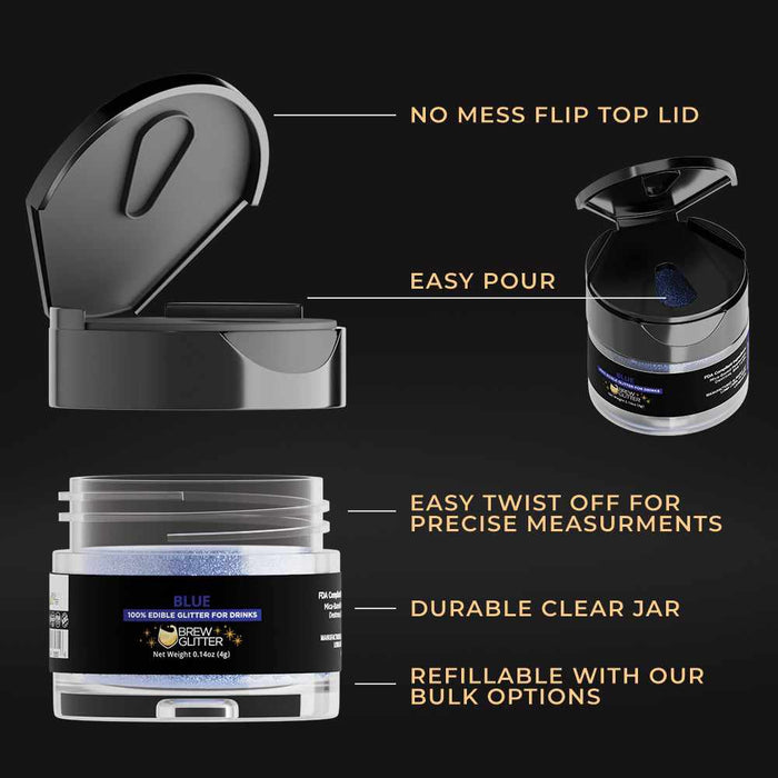Blue edible glitter in a 4g clear jar with a black flip-top lid and easy-pour design for drinks.
