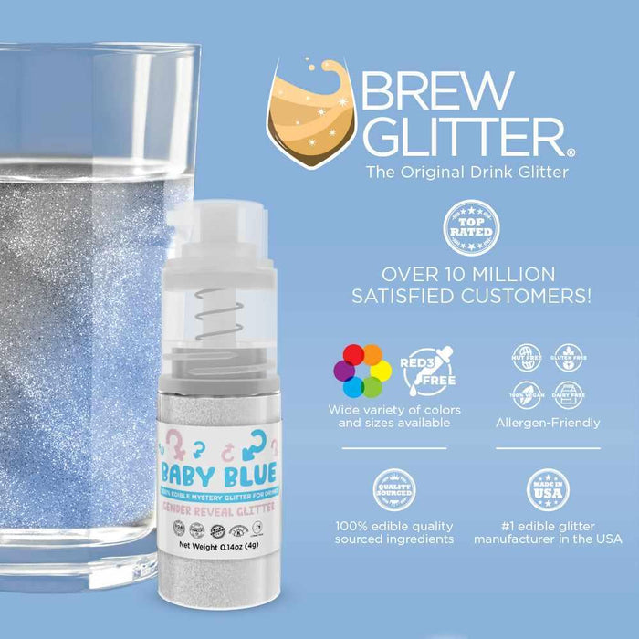 Blue Brew Glitter mini spray pump next to a glass of sparkling water.