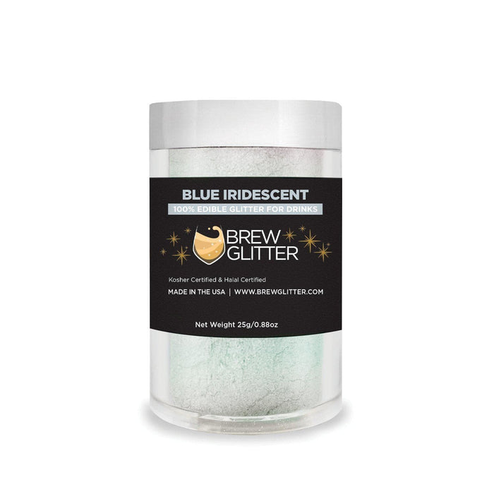 25g jar of Blue Iridescent Brew Glitter with a black label featuring the Brew Glitter logo and edible drink shimmer.