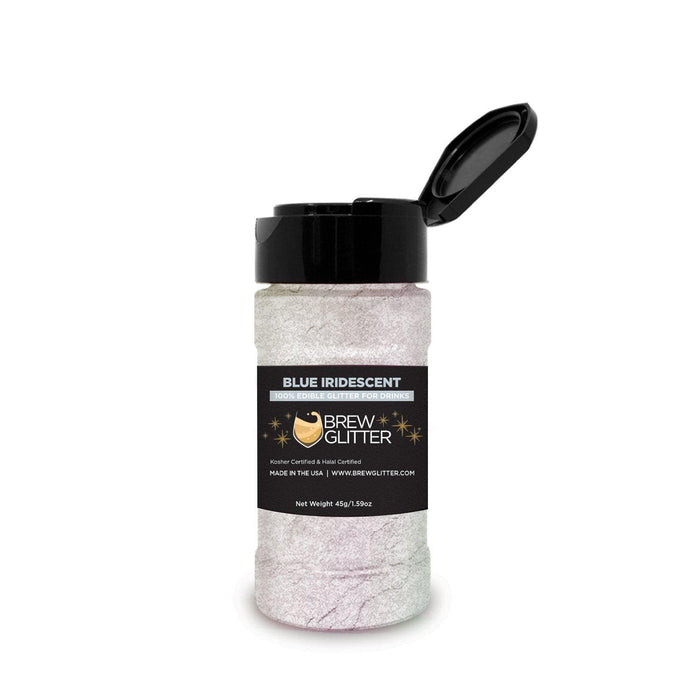 45g jar of Blue Iridescent Brew Glitter with a black flip-top lid and holographic edible drink shimmer.