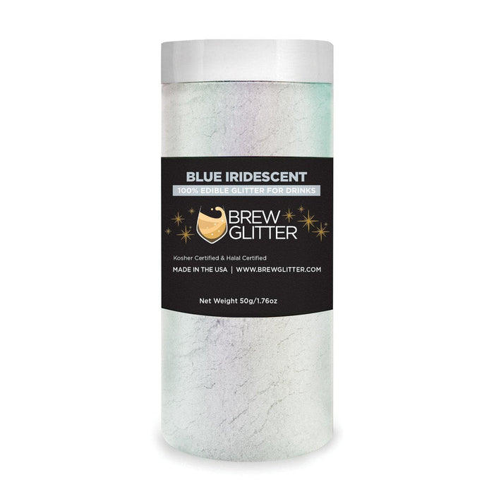 50g container of blue iridescent edible Brew Glitter for drinks with a holographic rainbow effect.