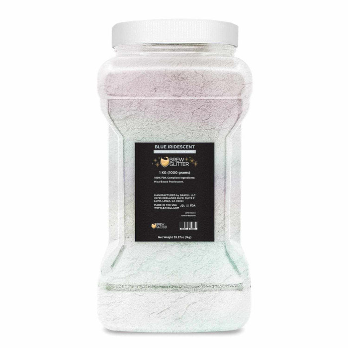 1kg jar of Blue Iridescent Brew Glitter with a white lid and black product label for edible beverage shimmer.