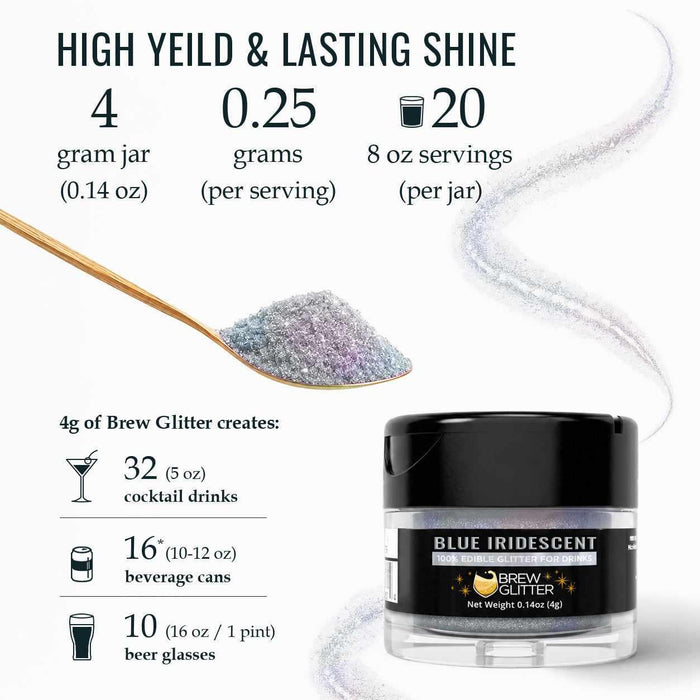 Blue iridescent edible Brew Glitter in a 4g jar with serving size and usage yield information.