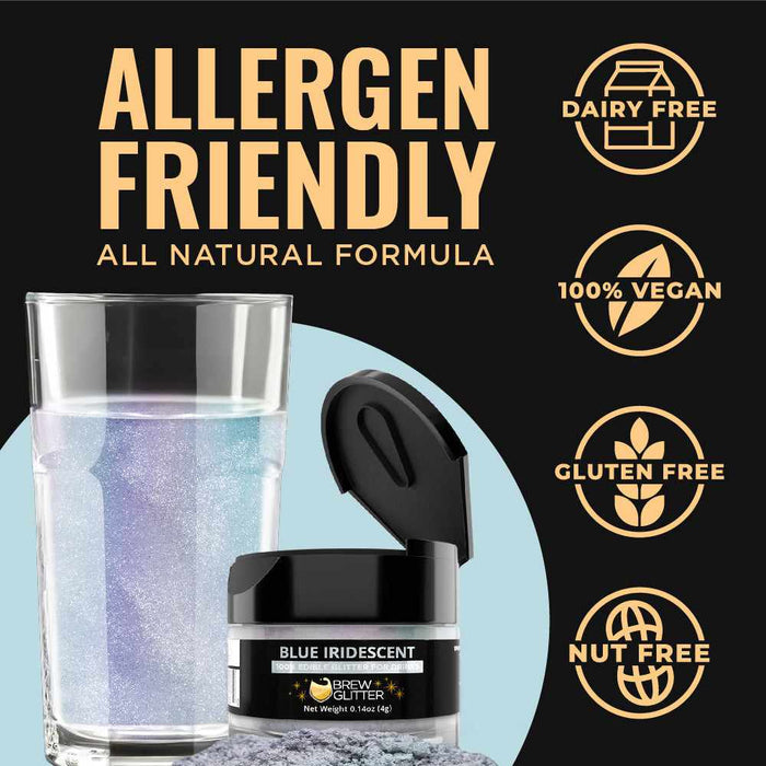 Blue iridescent edible drink glitter jar next to a shimmering blue glass, highlighting allergen-friendly, vegan features.