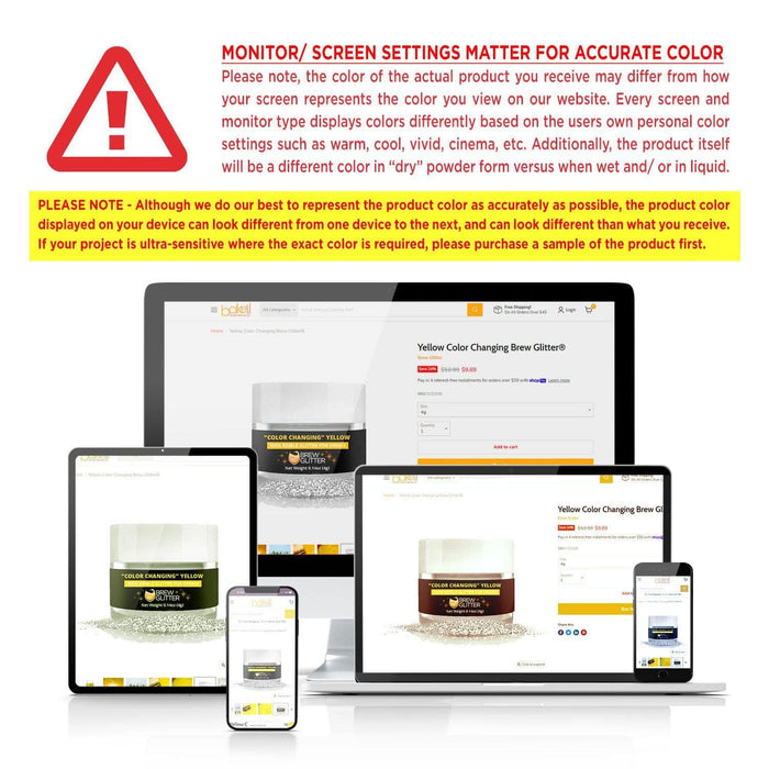 Gold edible glitter in a clear jar, displayed on various devices showing product pages.