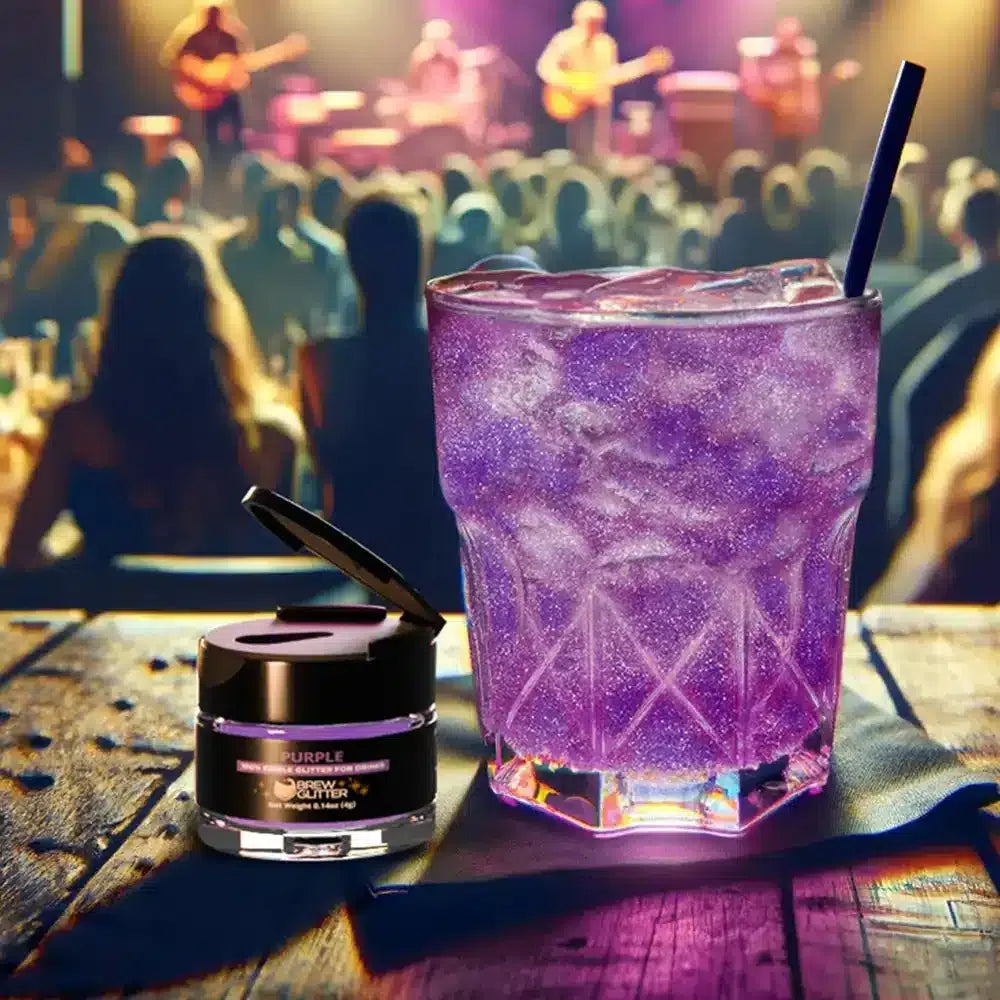 purple glitter drink next to a jar of brew glitter for parties