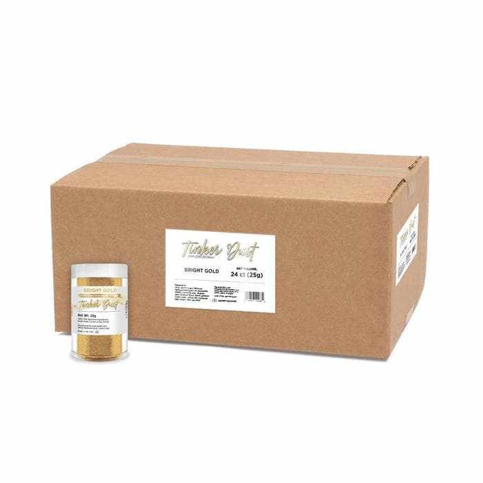 Wholesale case of Bright Gold Tinker Dust glitter, 24 count (25g) jars, with one jar displayed.