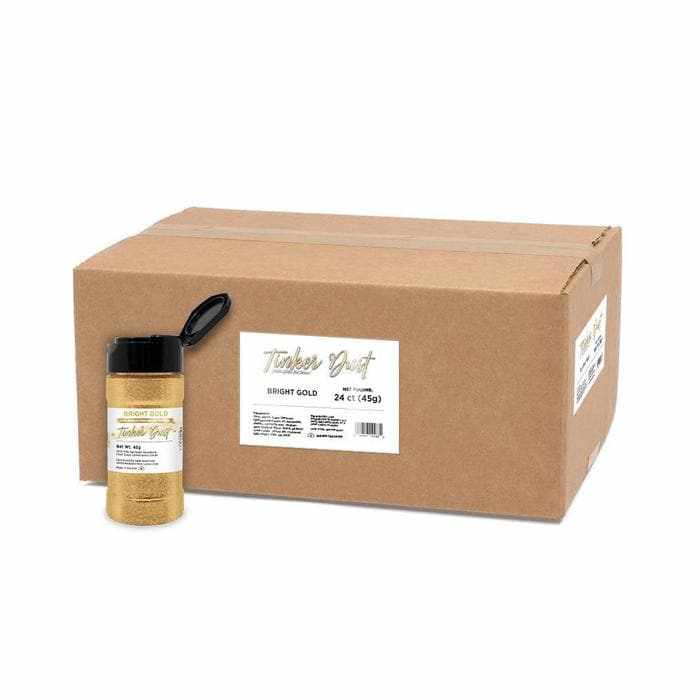 Wholesale case of 24 45g jars of Bright Gold Tinker Dust® edible glitter, with one jar open.