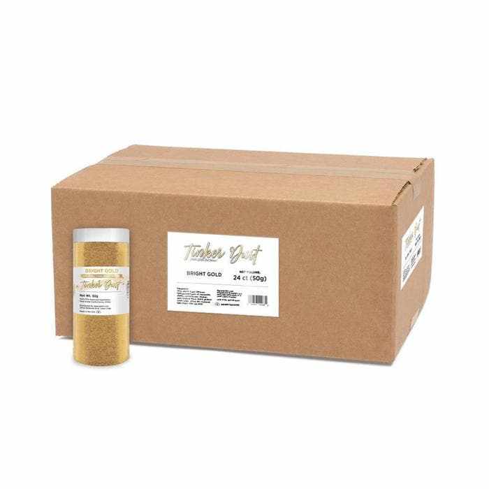 Wholesale case of 24 50g jars of Bright Gold Tinker Dust® edible glitter.
