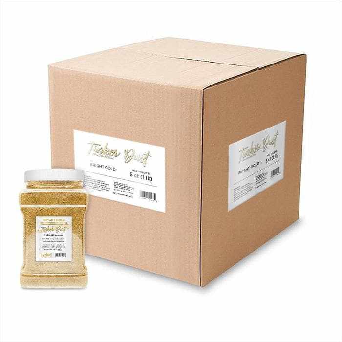Wholesale case of five 1lb jars of bright gold Tinker Dust edible glitter.