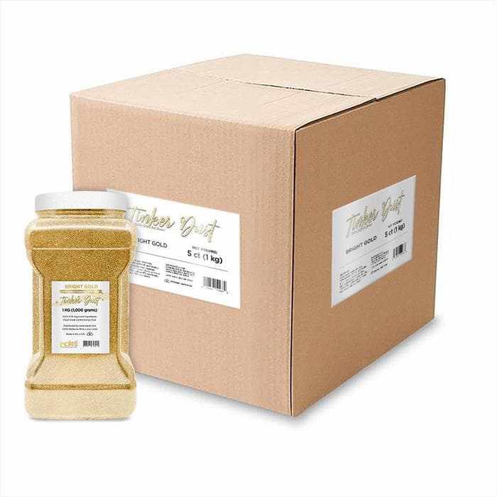 Wholesale case of five 1kg jars of bright gold Tinker Dust edible glitter.