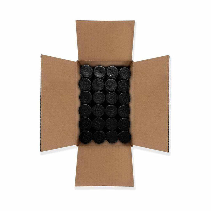 Open cardboard box filled with 24 black 45g jars of Bright Gold Tinker Dust® Glitter.