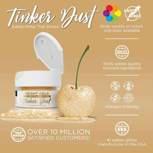 Bright gold Tinker Dust edible glitter jar next to a gold-dusted cherry.