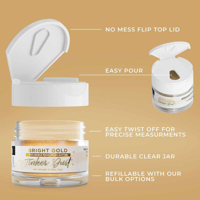 Bright gold edible Tinker Dust glitter in a clear 5g jar with a white flip-top lid, shown open and closed.
