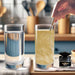 Hand stirring bright gold Tinker Dust® glitter into a tall glass of water next to a clear glass of water and an open jar of gold glitter.