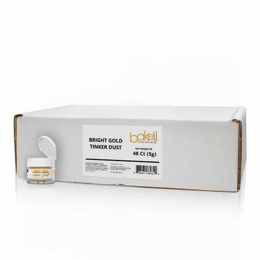 Wholesale case of Bright Gold Tinker Dust glitter, 48 count 5g jars, next to an open jar.