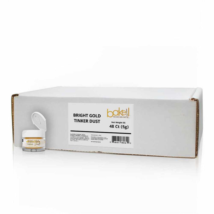 Wholesale case of Bright Gold Tinker Dust glitter, 48 count 5g jars, next to an open jar.