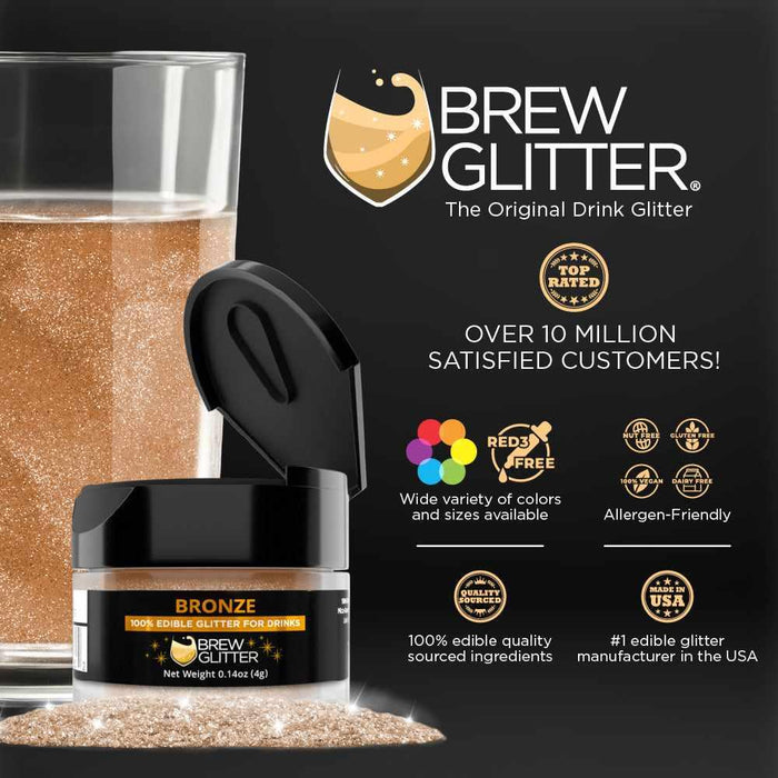 Bronze Brew Glitter jar next to a glass of sparkling bronze drink, highlighting edible drink glitter features.